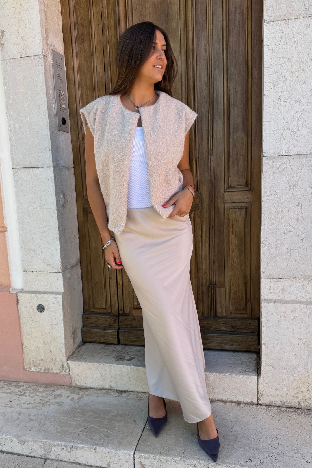 Jupe longue satinée beige LOUISE