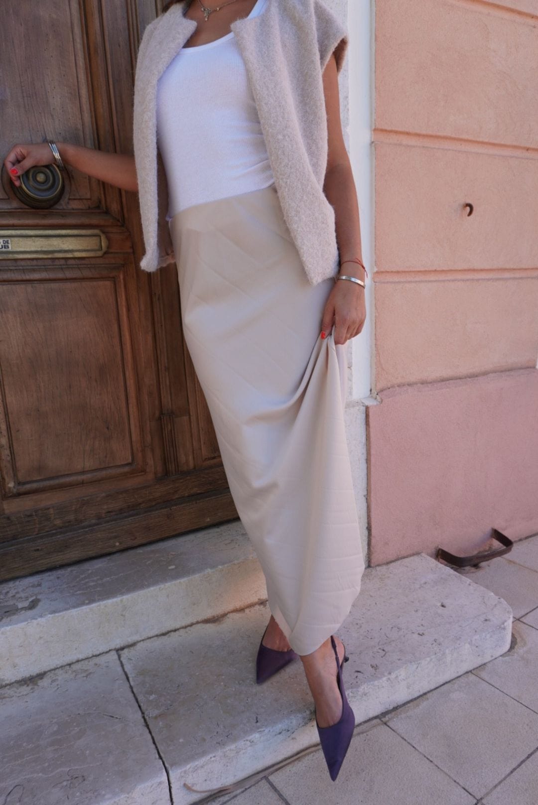 Jupe longue satinée beige LOUISE