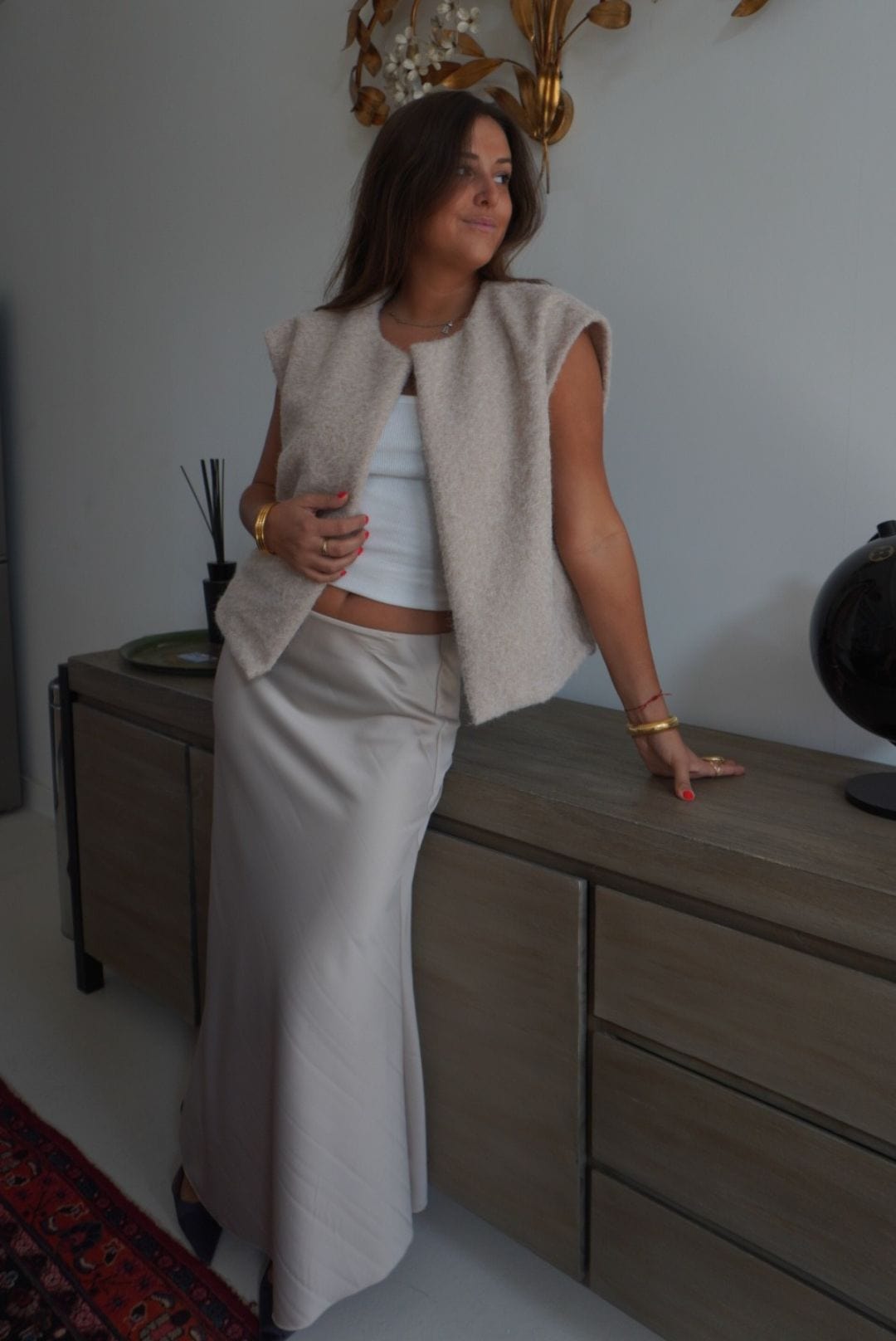 Jupe longue satinée beige LOUISE